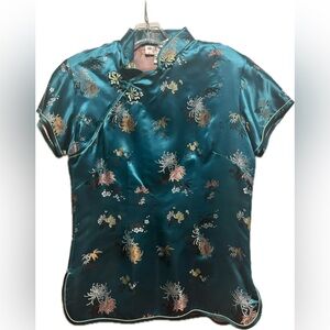 Pearl River teal silk Chinese cheongsam chrysanthemum tunic top 36